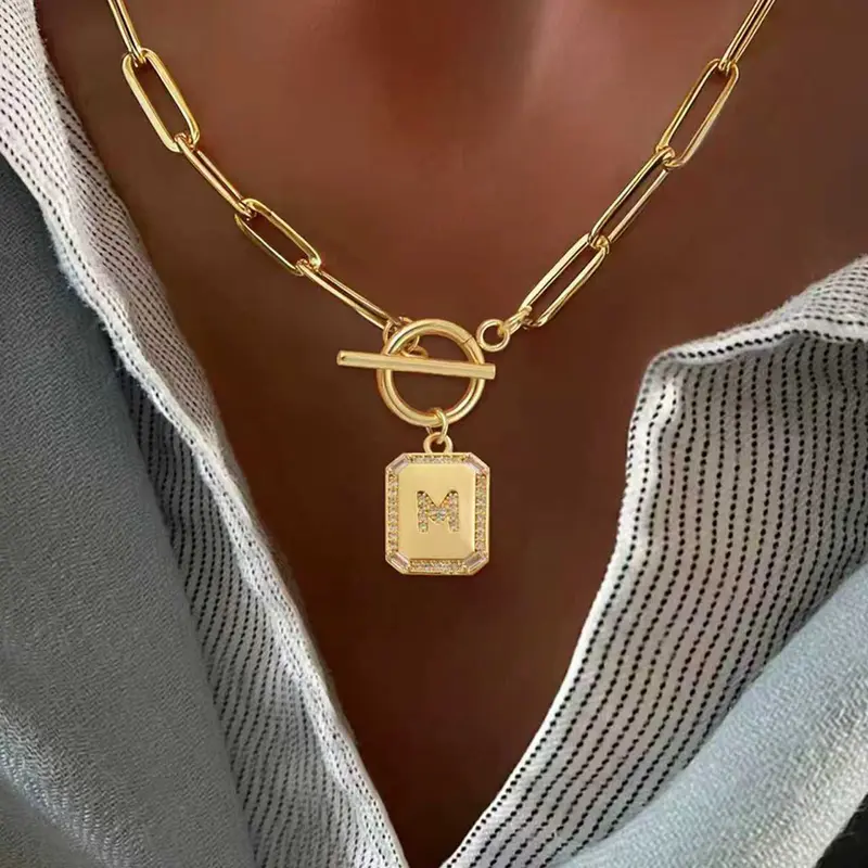 Women's Zirconia Rectangular Initial Pendant Necklace, Pave Letter Necklace, Stainless Steel Paperclip Chain with OT Clasp, Elegant Design for All Seasons