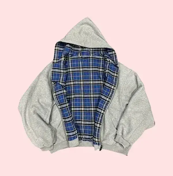 Y2K Reversible Plaid Lined Hoodie, Unisex Oversized Zip-Up Jacket, Vintage Flannel Lined Casual Streetwear