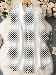 Plus Size Collared Polka Dot Mid Sleeve Loose Long Casual Shirt, Perfect for Spring Summer Daily Commuting and Sun Protection