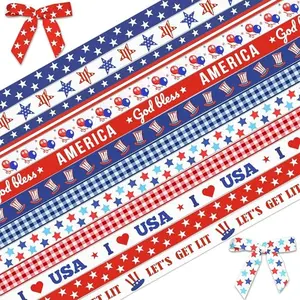 12 Rolls Patriotic Ribbon for Wrapping Gifts, Patriotic Grosgrain Ribbons for Gift Wrapping Memorial Day Decoration DIY, 3/8" X 12 Yards Blue Red Star Ribbon for 4th of July Party Supplie Decor
