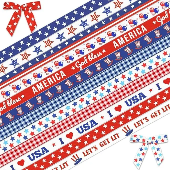 12 Rolls Patriotic Ribbon for Wrapping Gifts, Patriotic Grosgrain Ribbons for Gift Wrapping Memorial Day Decoration DIY, 3/8" X 12 Yards Blue Red Star Ribbon for 4th of July Party Supplie Decor