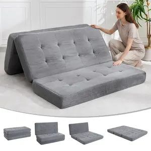 Tri-Fold Memory Foam Sofa Bed, 6 Inch Thick Tufted Folding Mattress, Convertible Floor Futon with Soft Corduroy Cover, Portable Twin Guest Bed for Adults, Suitable for Bedroom, Living Room, RV and Camping, 39" x 75"