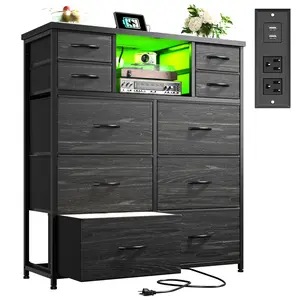 【Organizer】Raybee 9~10 Drawers Dresser for Bedroom with Charging Station, Fabric Organizer Unit with LED Light, Sturdy Chest of Drawers with 2 Open Wooden Shelves,Space-Saving Bedroom Dresser for Storage, Closet, Hallway, Dorm, Black