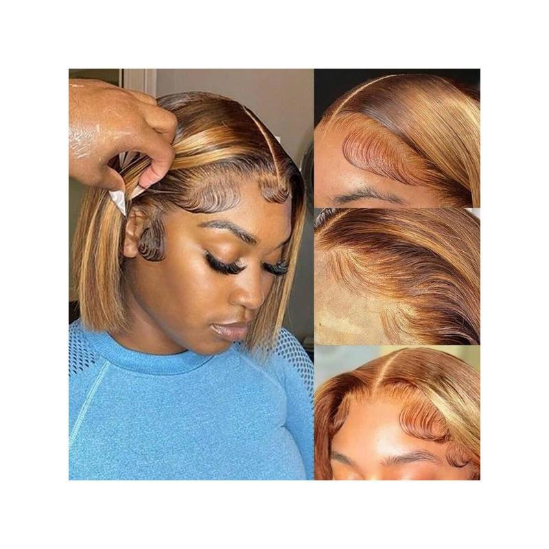180% Bob Wig Human Hair Highlight Ombre 13x4 Lace Front Wigs 4/27 Honey Blonde Short Straight Bob Wigs Human Hair Pre Plucked With Baby Hair 180 Density 12A Short Bob Wigs For Women