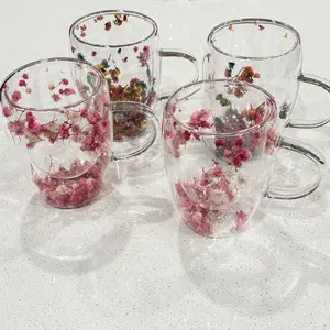 4/8-Pcs 250ml/350ml Double-Layered Glass Cups – Multi-Color/Pink Insulated Coffee & Tea Mugs with Handle, Starry Sky Decor, Gift-Ready Drinkware