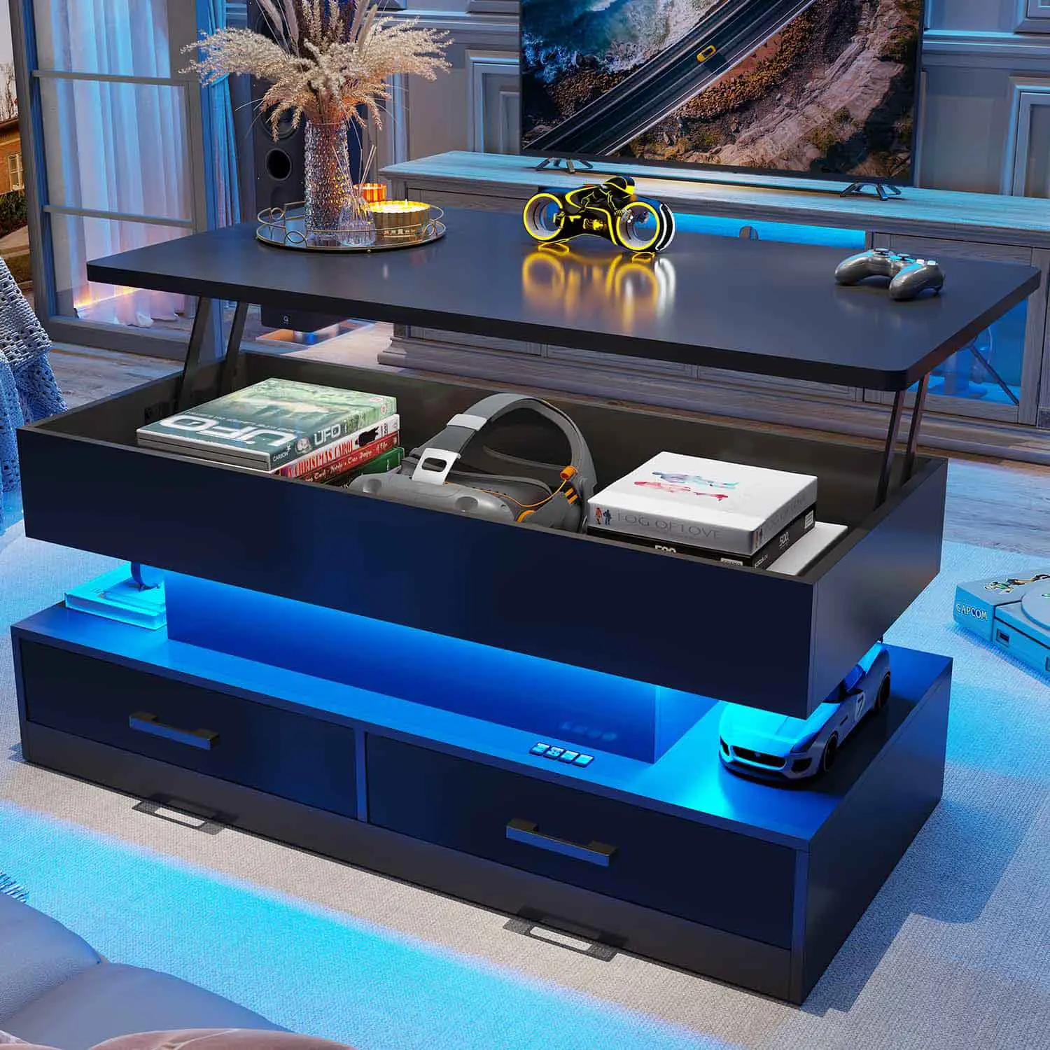 Sikaic 40-in Lift Top Coffee Table with LED Light, Storage Drawers, Hidden Compartment, Study Desk Functionality, Space Saving Furniture for Living Room, Assembly Required