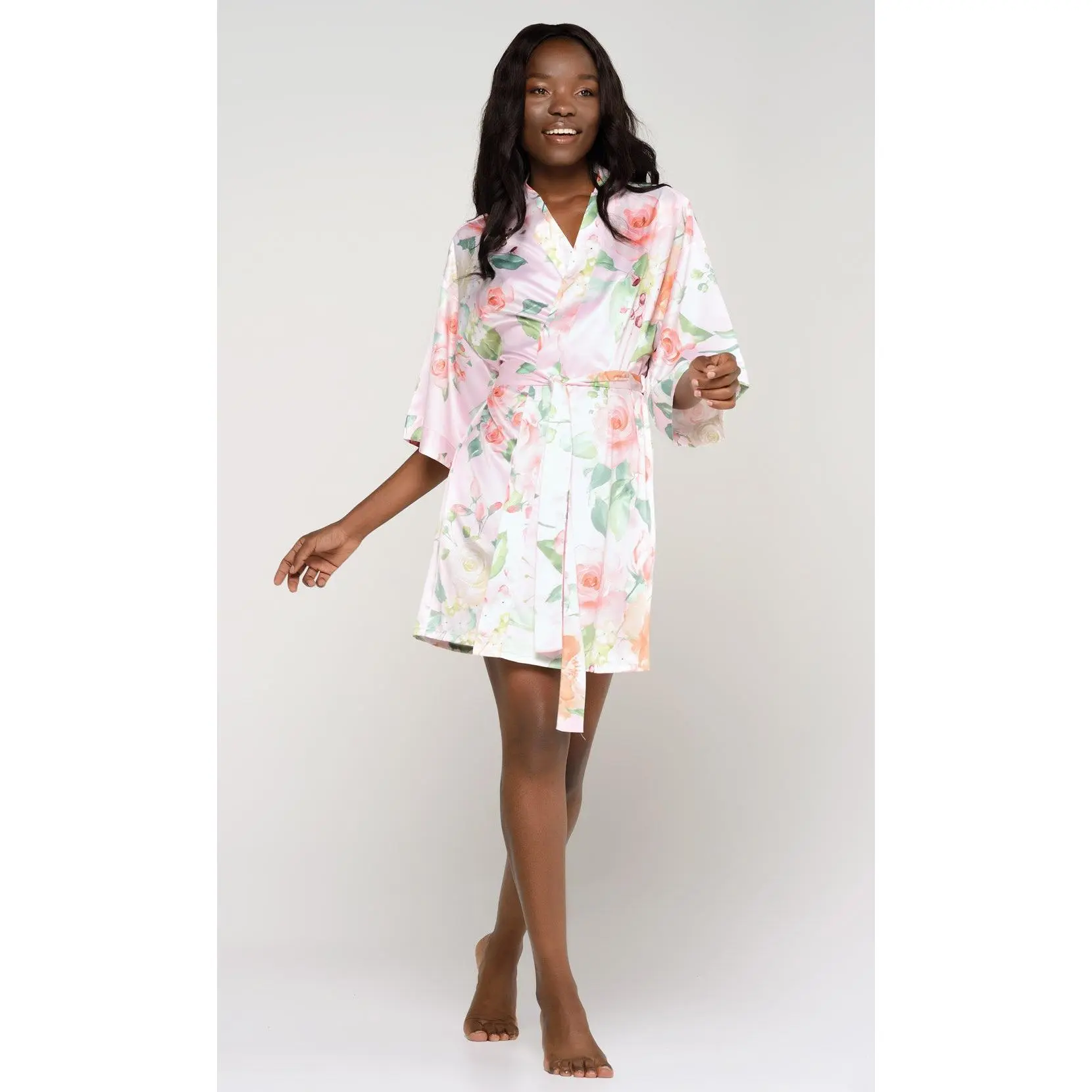 Turquaz Carmen Floral Satin Kimono Short Robe Women