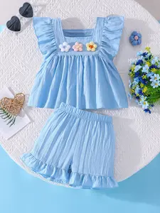 Girls Summer Clothes 3D Flower Ruffle Sleeveless Smocked Tunic TShirt Top Elastic Waist Shorts 2Pcs Outfit Set
