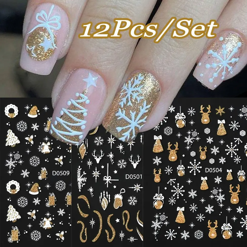 12/24/30Pc Sparkling Christmas Nail Art Stickers Glitter Reflective Golden Silvery Snowflakes, Reindeer & Bells Xmas Nail Decals