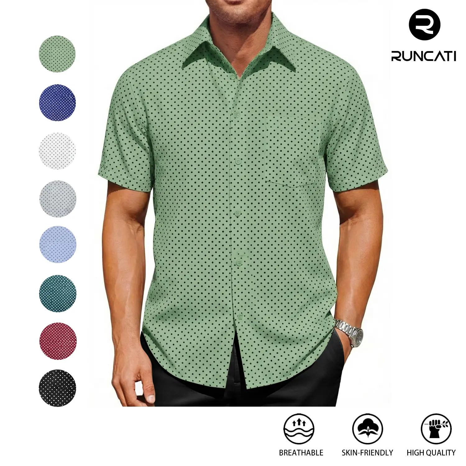 Runcati Mens Button Down Shirts Short Sleeve Wrinkle Free Dress Shirts Business Casual Polka Dot Print Shirt with Pocket