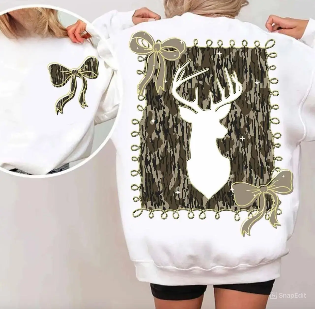 Deer Camo Coquette Sweatshirt, Preppy Camo Bow Tshirt, Camo Gold Glitter Tee, Coquette Hunting Shirt, Girl Fall Camo Bow Hoodie, Hunter Gift For Women
