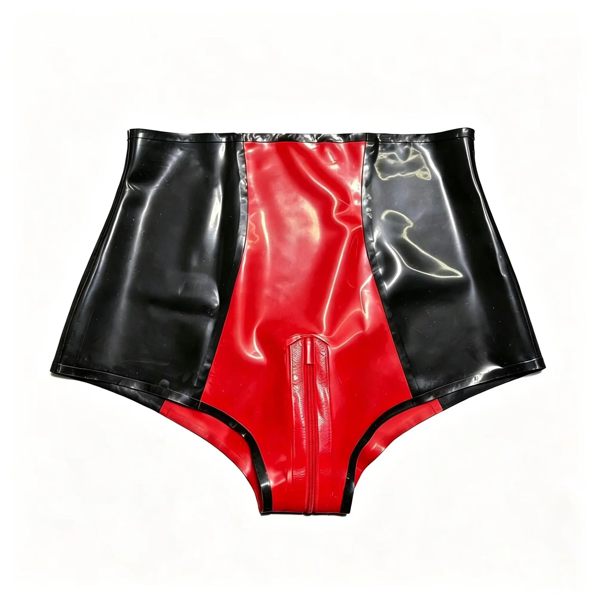 Red & Black High Waist Latex Shorts Front Zipper Glossy Slim Fit Punk Goth Rave Cosplay Party Halloween Daily Wear