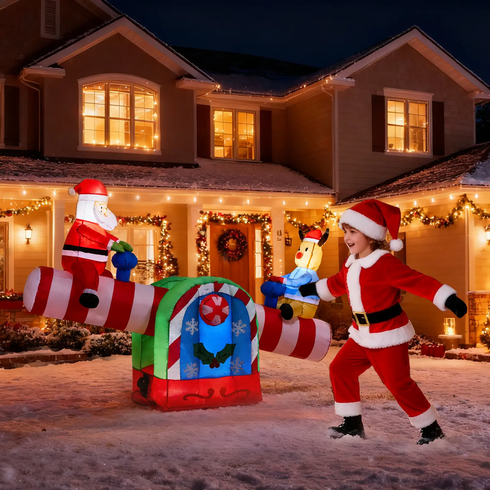 4.7 FT Lighted Christmas Inflatable Decoration, Large Motorized Seesaw with Santa and Reindeer, Funny Blow Up Yard Decorations with Built-in LED Lights for Holiday Party Front Yard Lawn Garden Decor