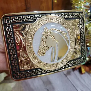 Horse head Western Silver Rose Gold & Black Enamel Buckle 4.5x3.0" Rodeo Cowboy Design for Upto 2" Belts, High Quality Zinc Alloy