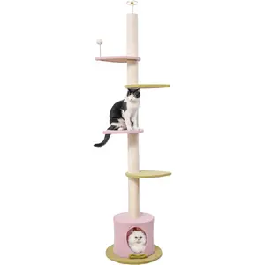 Height-adjustable floor-to-ceiling cat tree, tall cat tower with sisal scratching post, cozy cat condo and interactive toy for indoor cats