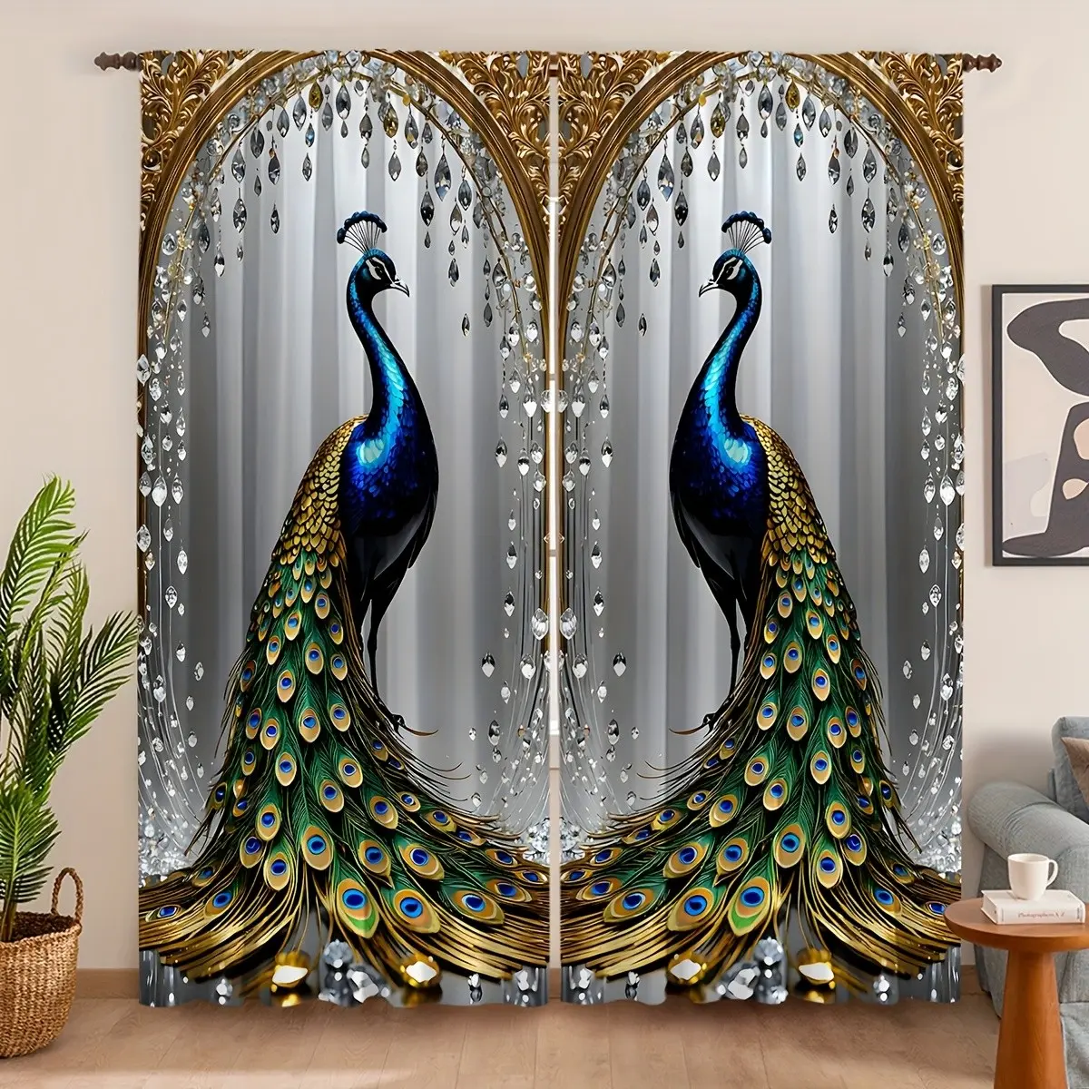 2pcs Peacock Pattern Curtains with 3D Digital Print, Sheer Polyester Rod Pocket Window Curtain for Bedroom & Living Room Decor, and Modern Style, Home Decoration Curtain, Home Decorative Curtain
