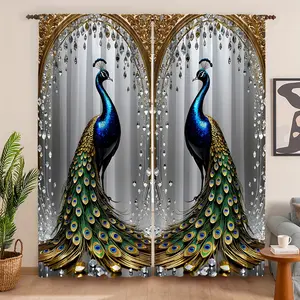 2pcs Peacock Pattern Curtains with 3D Digital Print, Sheer Polyester Rod Pocket Window Curtain for Bedroom & Living Room Decor, and Modern Style, Home Decoration Curtain