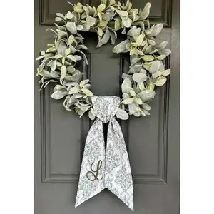 Wreath Sash Chinoiserie Green Monogram Scarf for Front Door Embroidered Sash for Boxwood Wreath Ribbon Housewarming Gift Hostess Gift