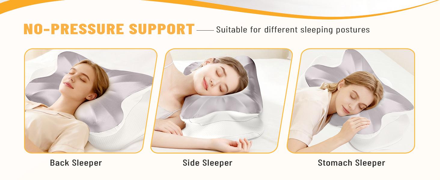 Silky Satin Ergonomic Contour Pillow, Dual Height Butterfly Cervical Support Memory Foam Pillow for Side Back Stomach Sleepers, Cooling Silk Surface Neck Pain Relief Bed Pillow