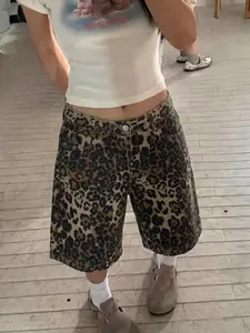 Y2K Leopard Print Denim Bermuda Shorts for Women, Loose Wide Leg Knee-Length, Non-Elastic Sturdy Fabric, Vintage Street Style