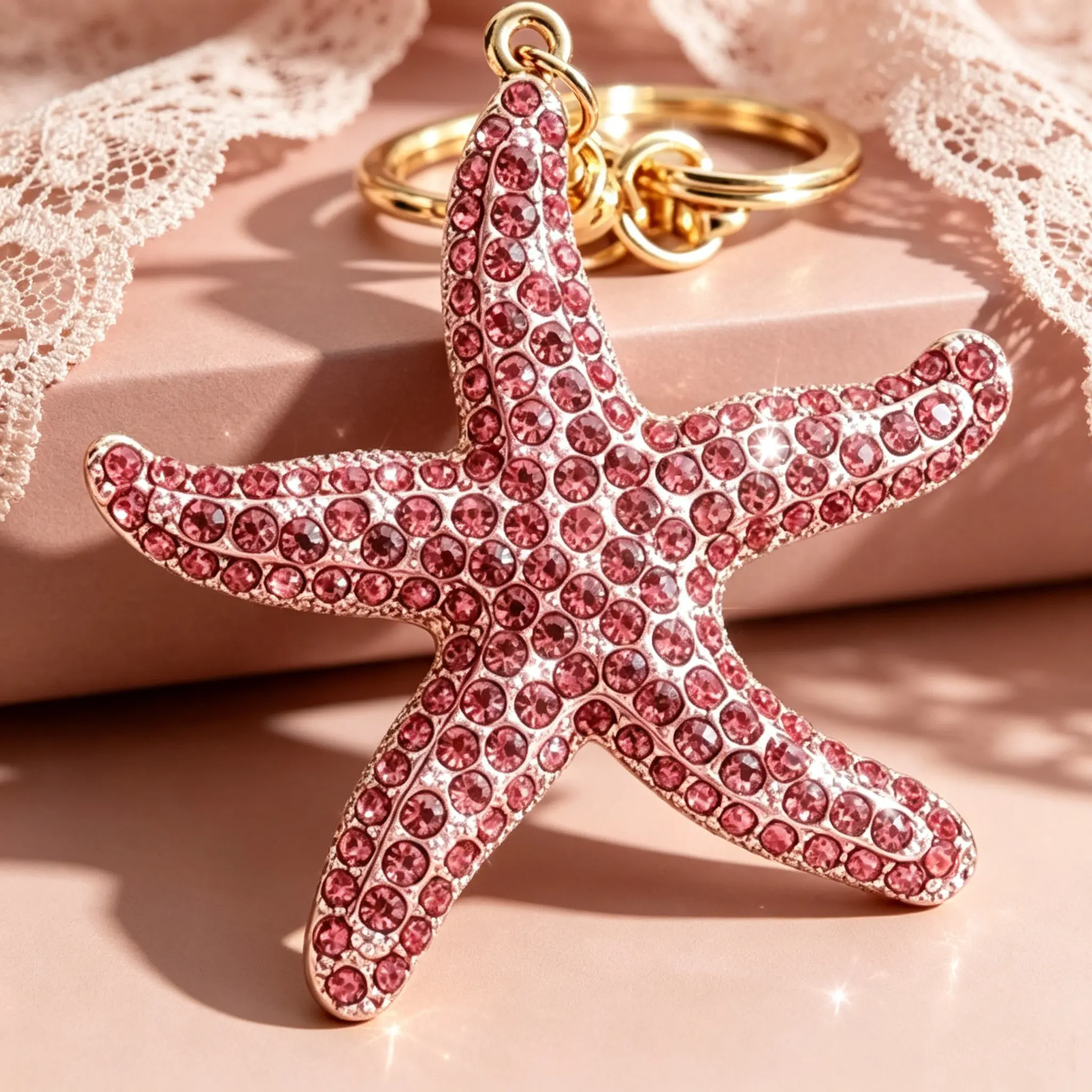 Sparkly Rhinestone Starfish Keyring Handmade, 6.5cm Ocean Style Pendant for Handbag & Backpack, Delicate Gift for Kids and Sea Lovers