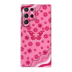 Pink Butterfly flowers pattern Suitable for Samsung Galaxy S25 Ultra Case 4G 5G matte Pink hard case TPU PC phone case Samsung s23ultra/s23plus/s22/s22plus
