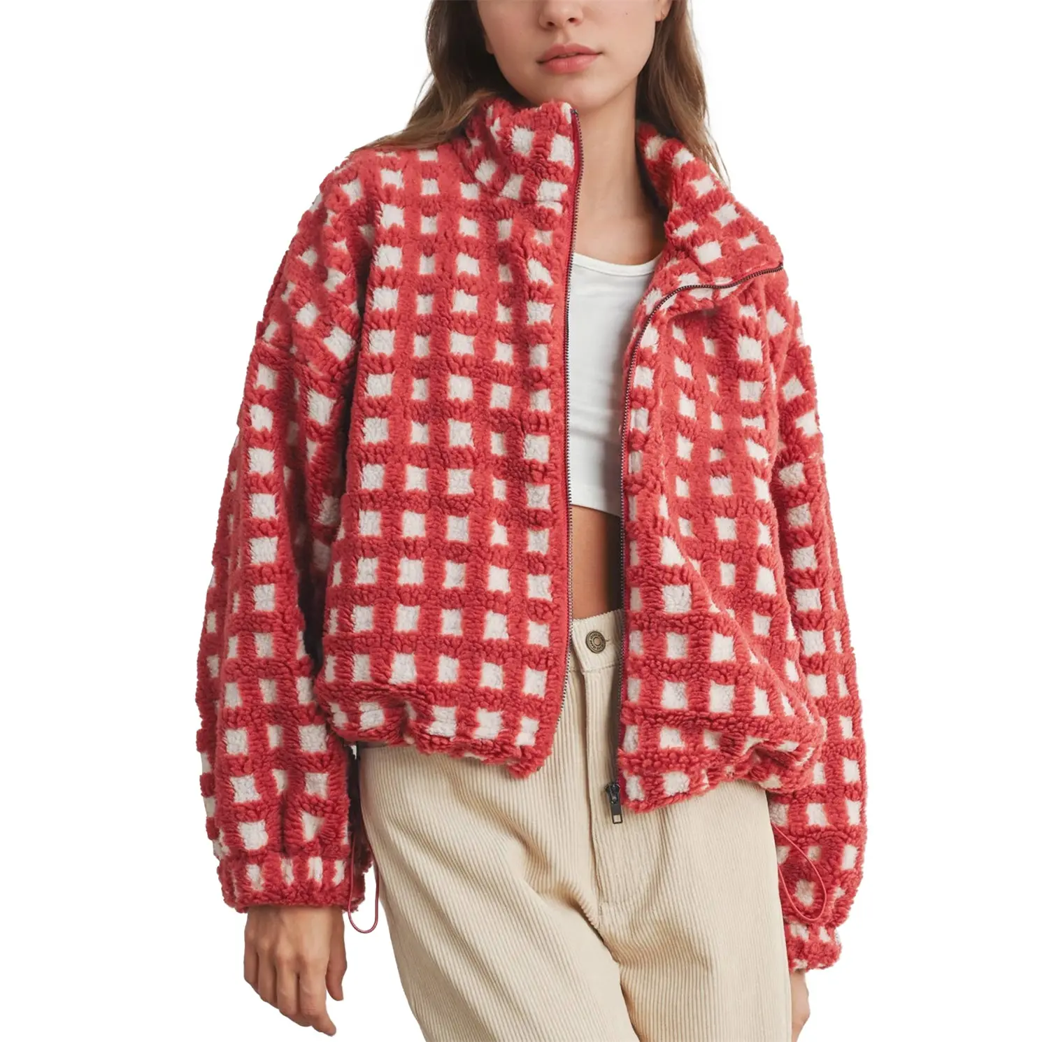 Songling Women's Checkered Sherpa Cropped Longsleeves Jacket - Zip Up Casual Gingham Fleece Outerwear with Pockets, Drawstring Elastic Waist, for Lady Women's Clothes