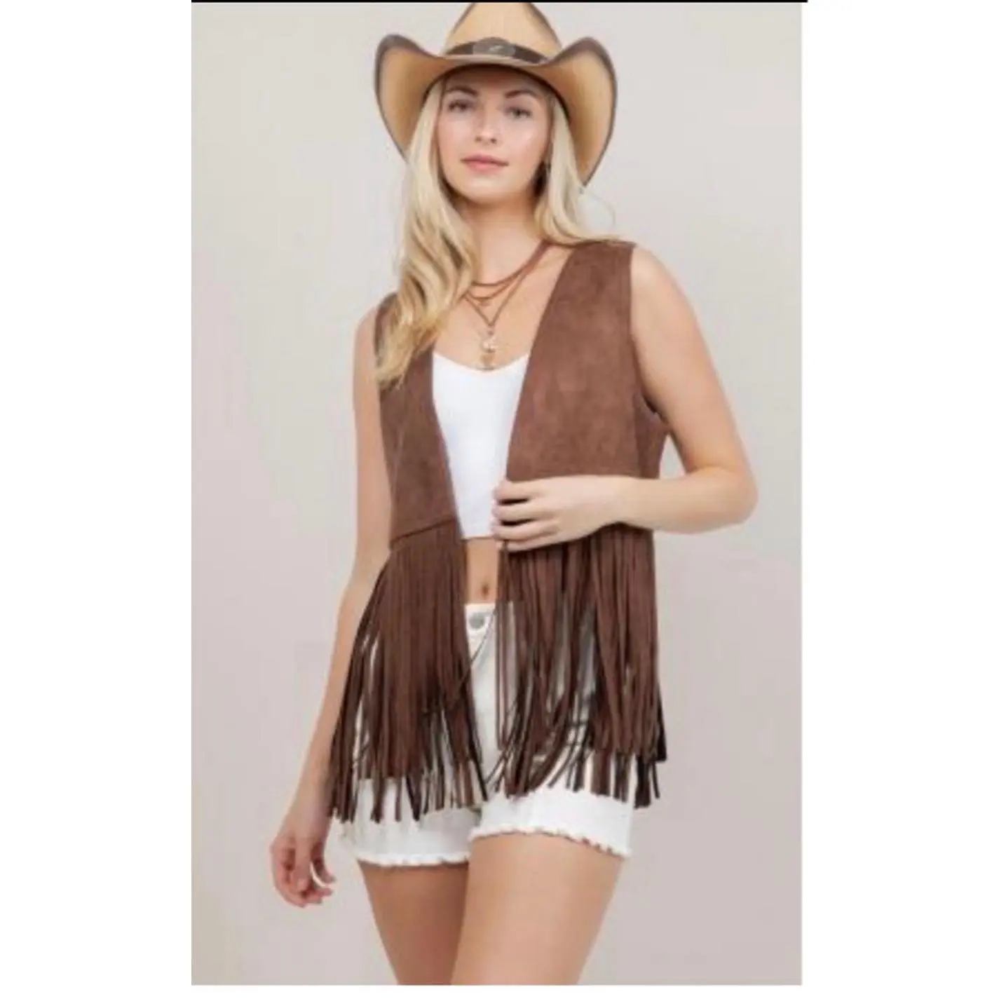 Brown Western Open Soft Suede Fringe Vest - Available in Sizes S, M, L - Perfect for Western Style