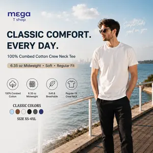 MEGA T SHOP Men’s 100% Combed Cotton T-Shirt, 6.35 oz Midweight Crew Neck Short Sleeve Basic Tee, Soft Regular Fit Casual Daily Menswear Top, Beige/White Plain