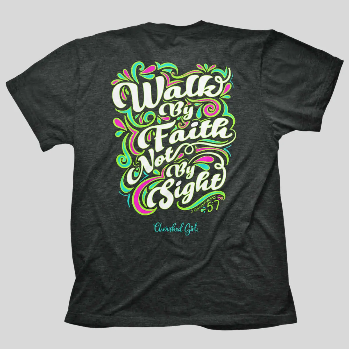 Shortsleeve Graphic T-Shirt for Women, Cotton-Blend 'Not By Sight' Print in Charcoal Heather, Seamless Round Neck with Reinforced Bottom