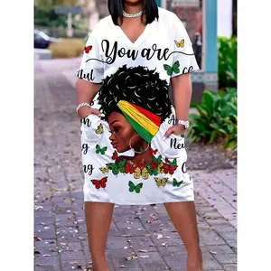 African American Style Plus Size Dress - Cartoon Portrait & Butterfly Print, V-Neck with 2 Pockets, Casual Wear for Women