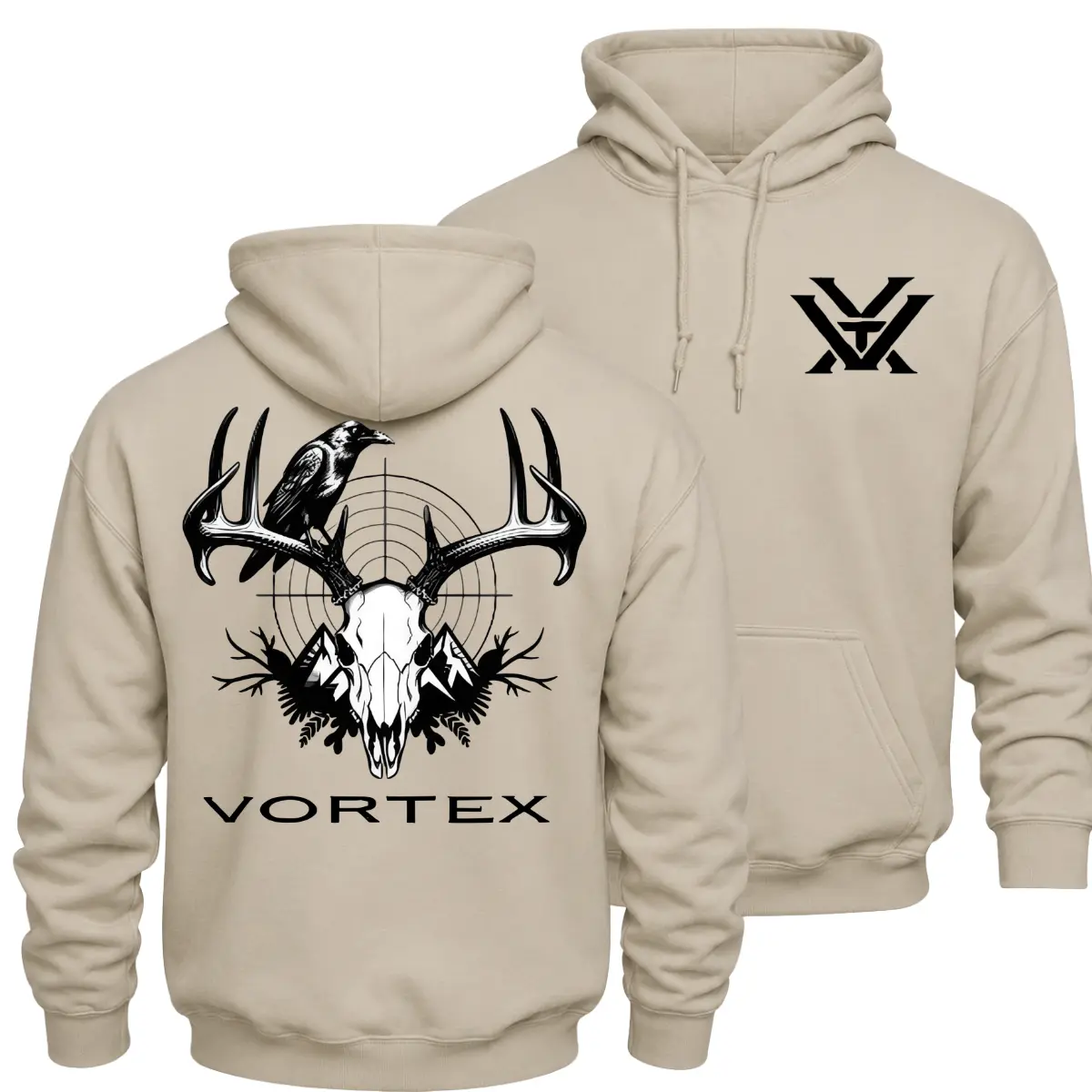 Vortex Deer Skull Hunting Hoodie, Whitetail Buck Antler Raven Graphic Pullover, Outdoor Hunting Back Print Hoodie, Front Chest Logo, Deer Season Hunter Gift for Men and Women
