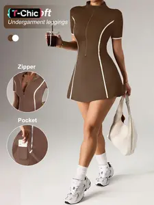 Women's Colorblock Zipper Front Short Sleeve Casual Sport Dress, Slim-Fitting Tennis Skirt with Safety Pants Pocket, Easithlete Design, Tennis Sports Dress, Athletic Dress, Tennis Attire, Workout Dresses