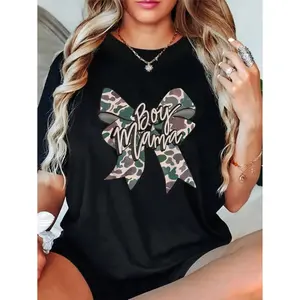 100% Cotton Unisex Boy Mama Camo Coquette Bow Camouflage Mothers Day T-Shirt women's short-sleeved, Thanksgiving and Halloween maple leaf pattern T-shirt