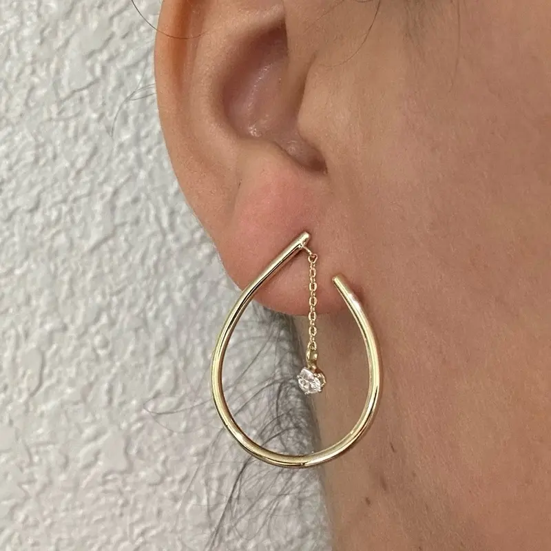 Gold Plated Hoop Earrings with Delicate Chain and Sparkling Stone for Women's Fashion Jewelry