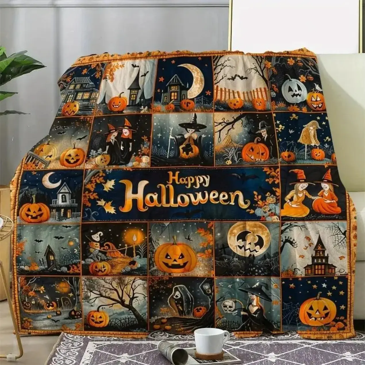 Vintage Inspired Halloween Flannel Throw Blanket - Digital Printing Pumpkin & Witch Design, All-Season Cozy Soft Knitted Bedding Cover Adults, Digital Printing Blankets, Vintage Inspired Blankets