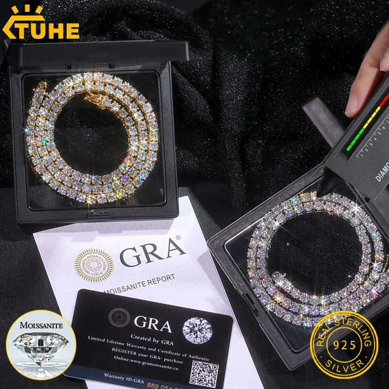High-Quality VVS1 Moissanite Tennis Necklace S925 Sterling Silver Diamond Necklaces For Men Women Pass Diamonds Test  Out