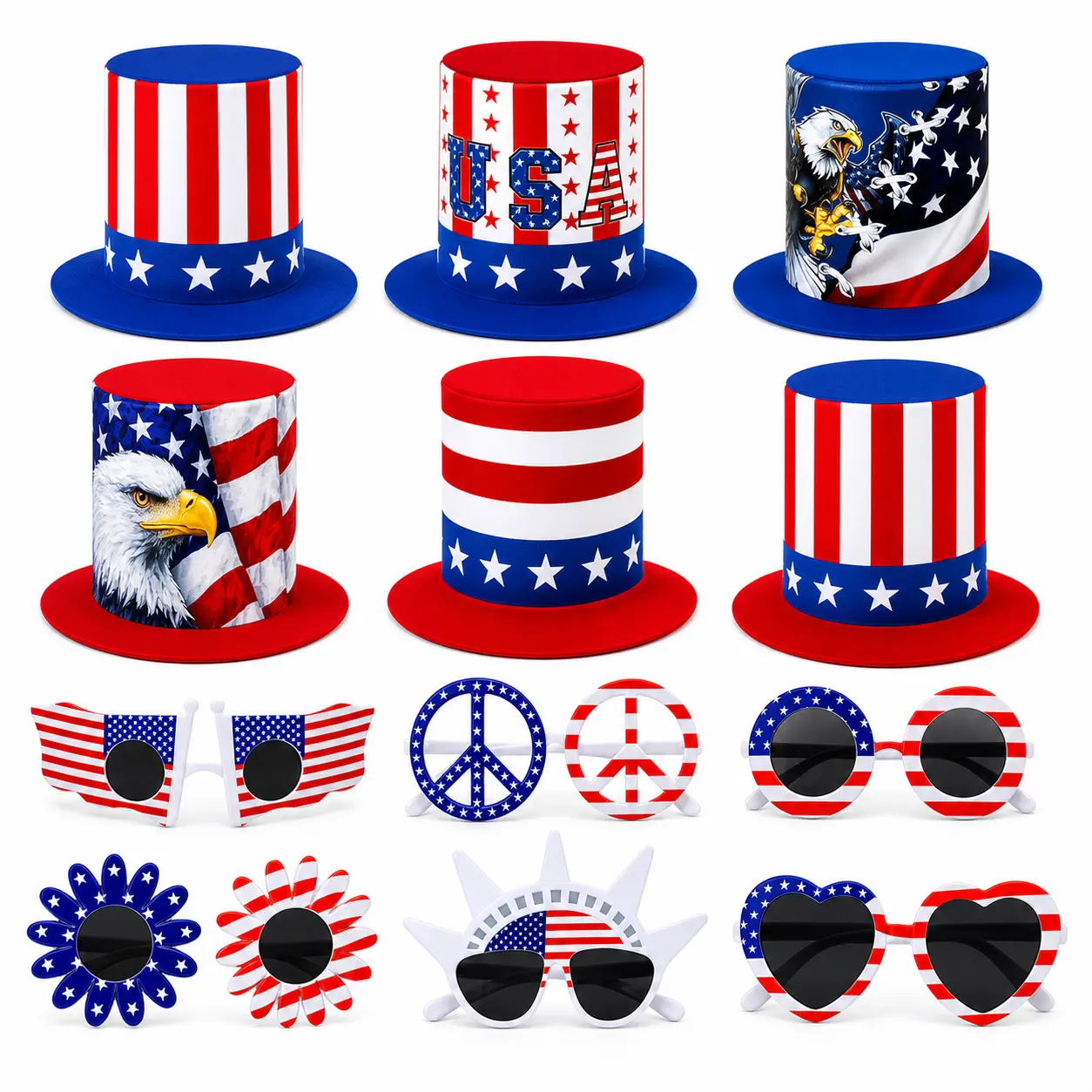 12PCS Patriotic Party Accessories Set, 6 USA Top Hats & 6 American Flag Sunglasses, Red White Blue Photo Booth Props for 4th of July, Memorial Day, Veterans Day, Election Watch Party