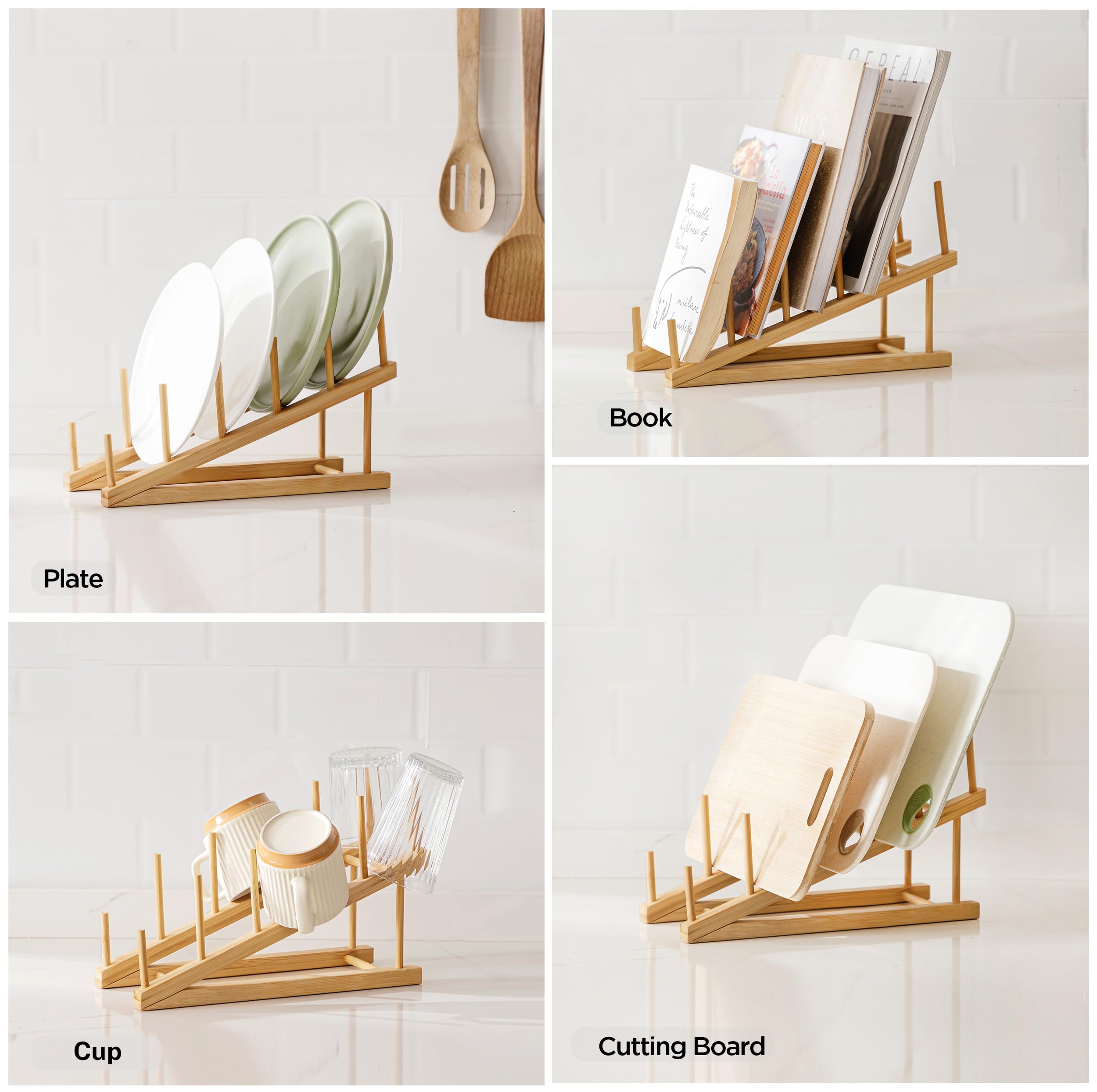 Bamboo and wood dish drying rack, 1 piece, can store plates/bowls/books/documents/bowls/cups/cutting boards/pot lids, suitable for kitchen countertops, offices, and display cabinets.