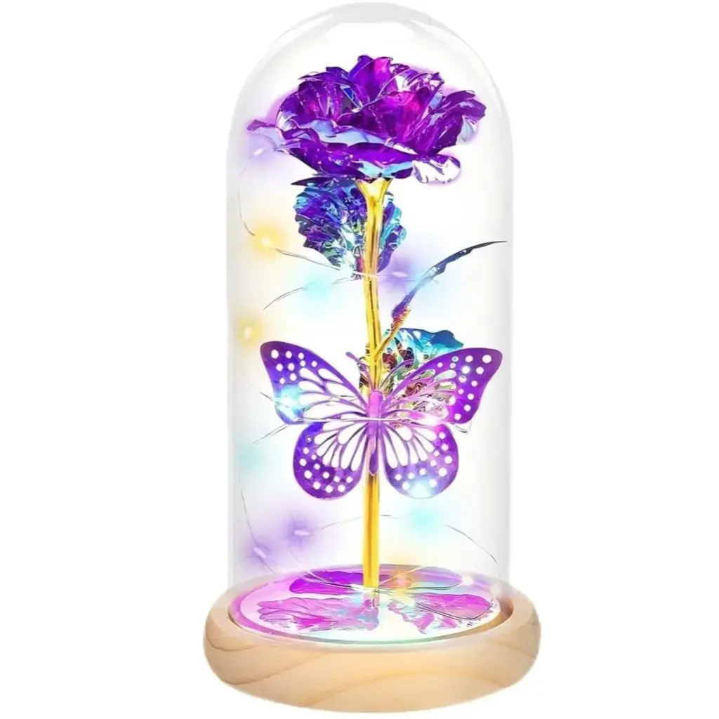 Rose Butterfly Artificial Flowers Eternal Glass Covered Wooden Base LED Lights Gifts for Ladies, Mothers, Daughters,Lovers on Birthdays,Mother's Day,Anniversaries,Valentine's Day,Christmas, Weddings