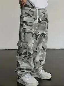 Men's camouflage, casual, straight-leg workwear trousers, Camouflage lightweight pants, 6 pockets, drawstring at the waist, elastic string at the hem, light gray, loose, streetwear, casual, sports, outdoor, running