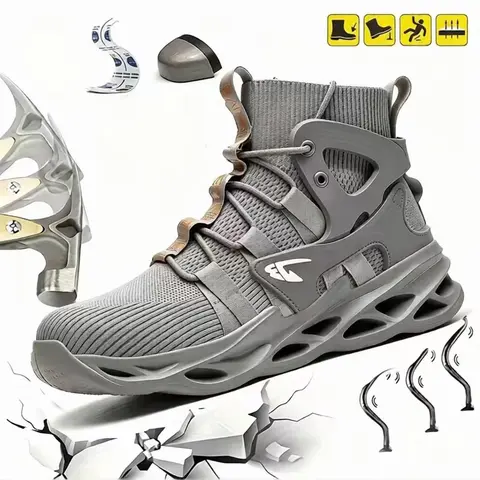 Men's Steel Toe Sneakers Safety Shoes - Breathable Knit High-Top Lace-Up Round Toe Work Footwear with Protective, Slip-Resistant Outsoles, All-Seasons Work & Safety Footwear, Ideal Gift for Male Workers