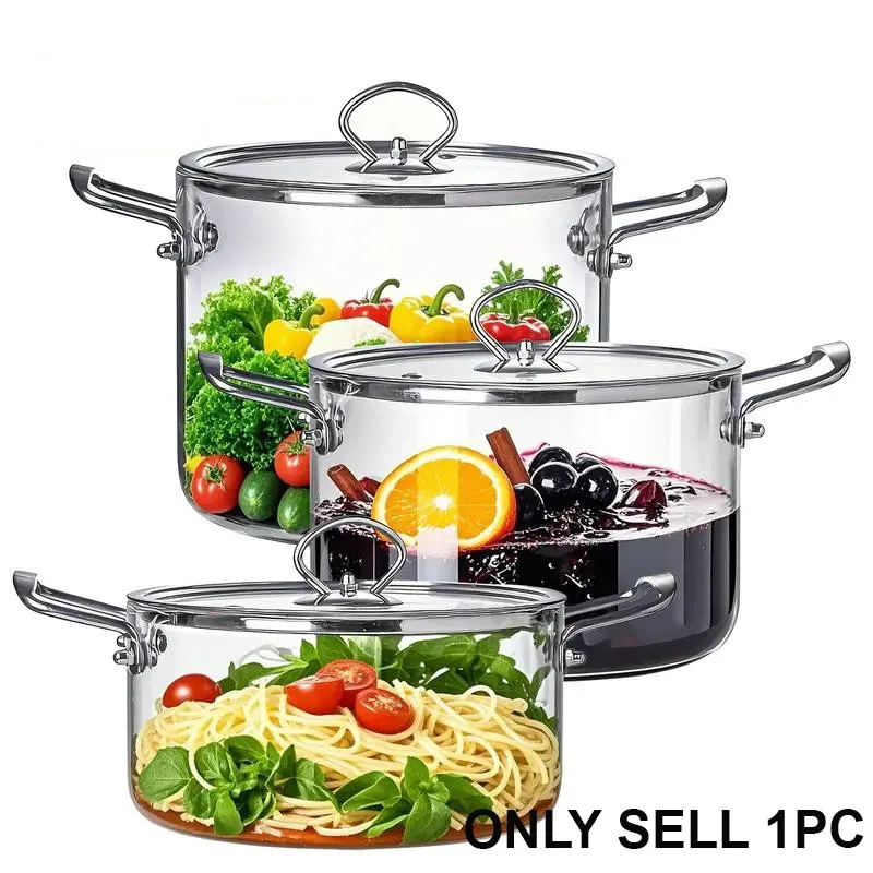Large Capacity Glass Pot with Lid,1 Count Stainless Steel Handle Cookware,Clear Glass Pasta Pot, Cooking Pot for Home Kitchen, Stew Pot, Kitchen Pots