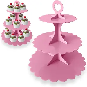 3-Tier Heart Handle Pink Cupcake Stand 2-Pack, Scalloped Edge Dessert Display Cake Stand for Girl Birthday Baby Shower Wedding Party Decoration, Easy Assembly
