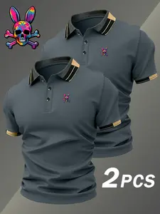 Two-Pack Hh4355 Colorful Skull Rabbit Print Men's Button-Down Shirt, Elastic Casual Breathable All-Season Comfortable High-End Collared Polo Shirt