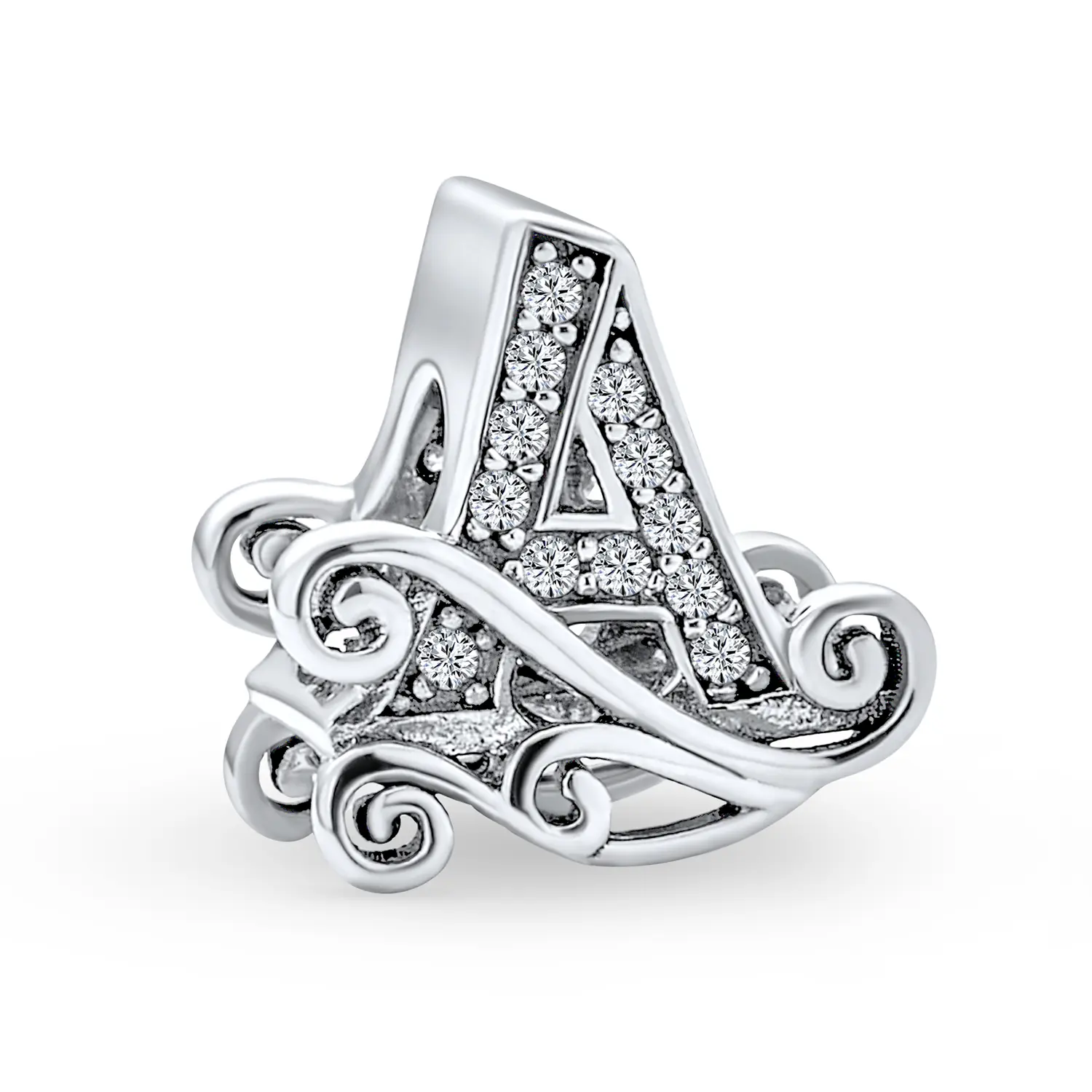 Sterling Silver Fancy Scroll CZ Sparkle Block Letter A-Z Alphabet Initial Charm Bead for Bracelet