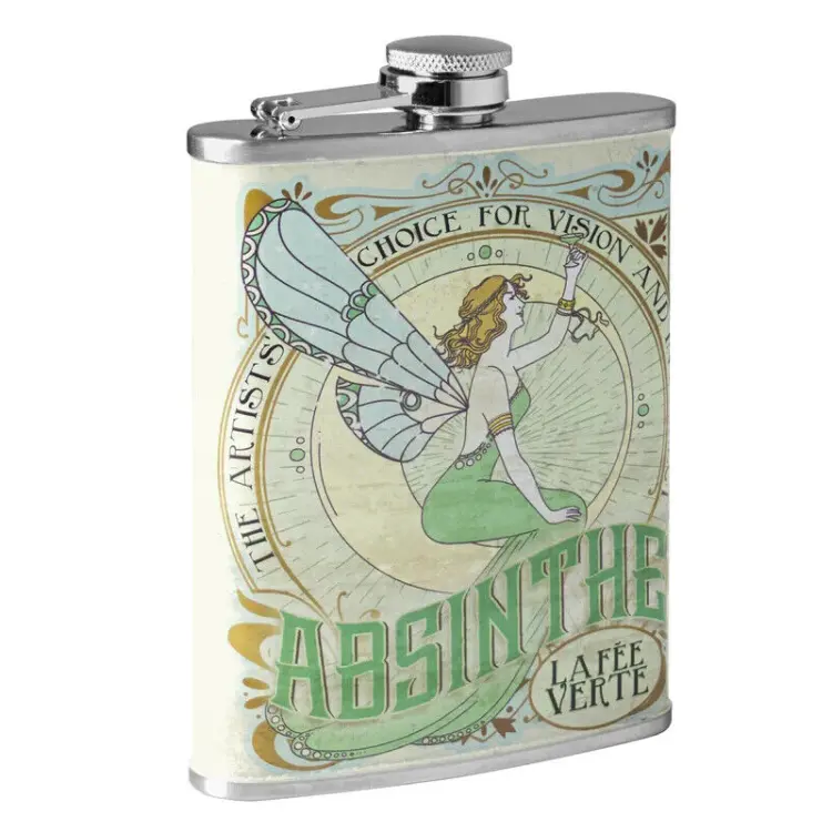 8oz Stainless Steel Hip Flask, Stylish Printed Absinthe Green Fairy Drinkware, Portable Kitchenware Accessory