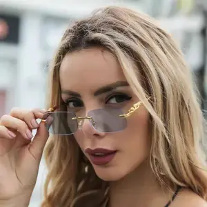 Women's Rimless Metal Leopard Accent Sunglasses Square Color Lens UV Protection Fashion Eyewear for Travel Party