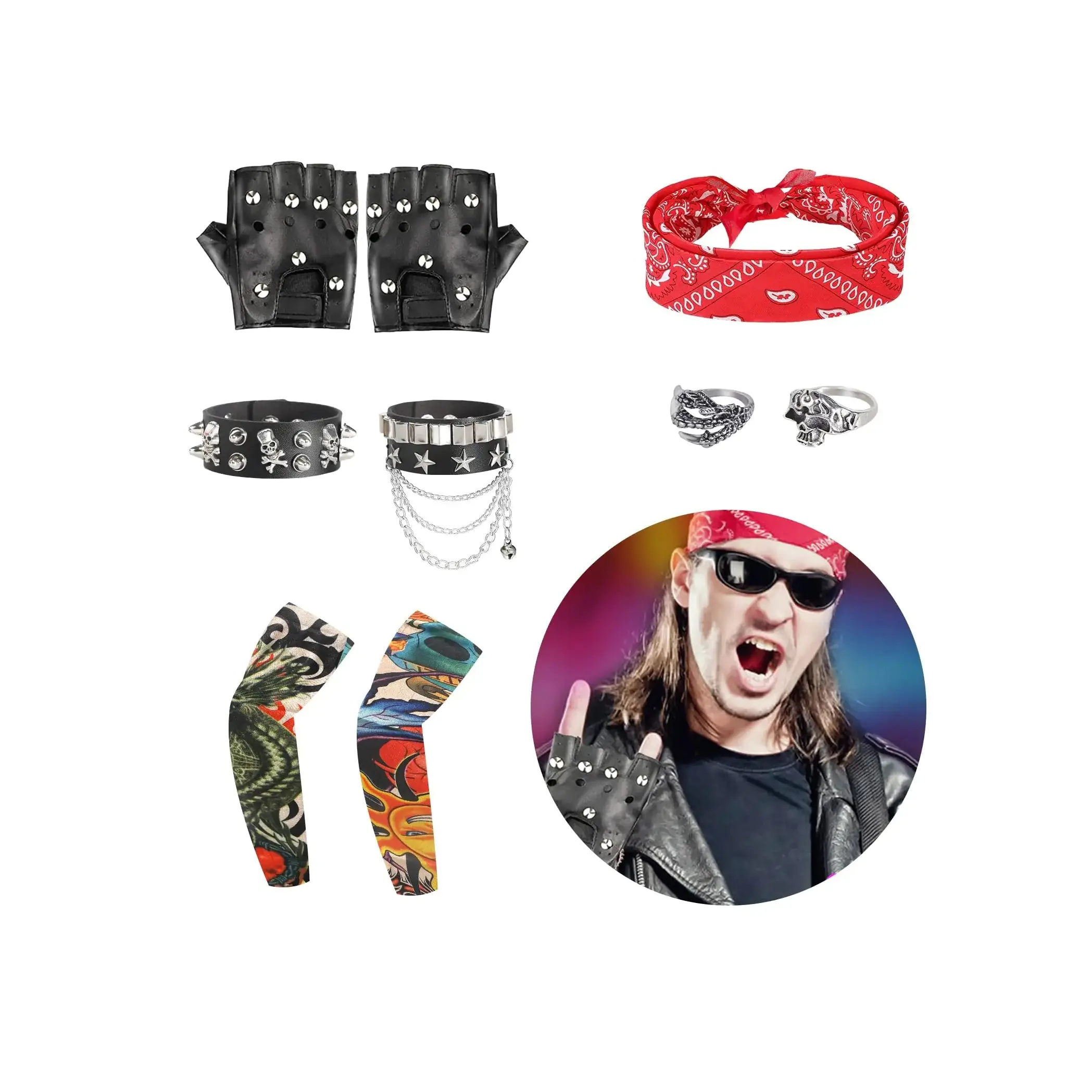 9pcs Rockstar Costume Men Rockstar Costume for Kids 80s Costumes for Men Rocker Costume Men Punk Costume Rockstar Accessories Punk Accessories Rock Star Costumes for Woman Rock and Roll Costume