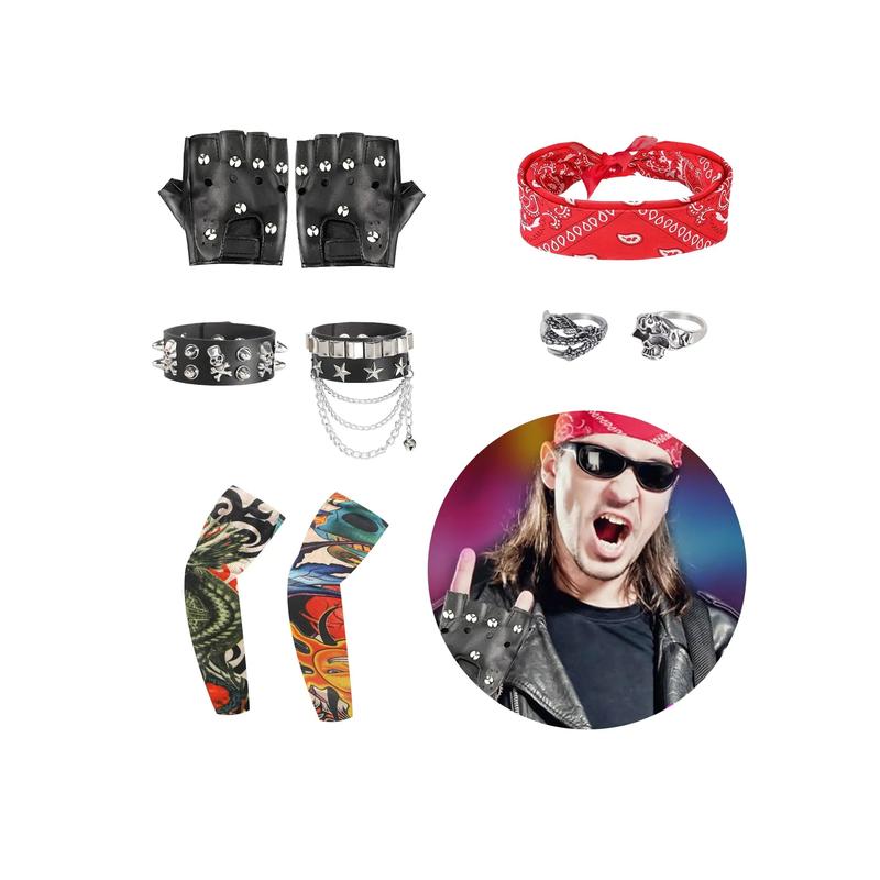 9pcs Rockstar Costume Men Rockstar Costume for Kids 80s Costumes for Men Rocker Costume Men Punk Costume Rockstar Accessories Punk Accessories Rock Star Costumes for Woman Rock and Roll Costume